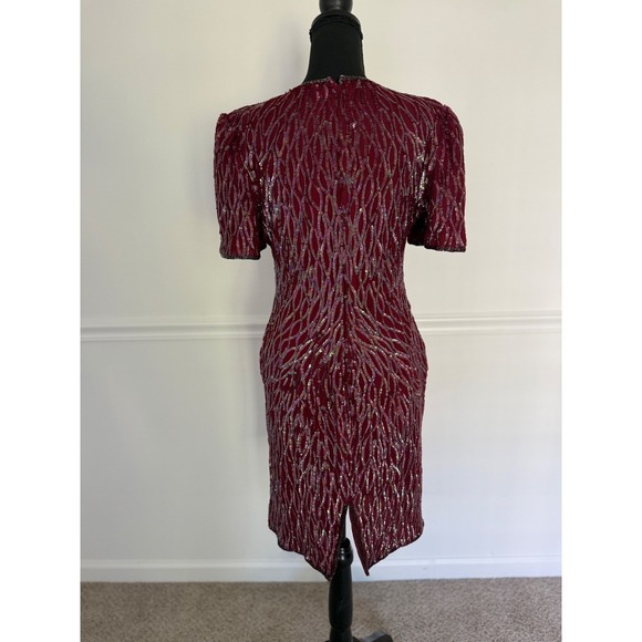 Vintage Laurence Kazar silk Sequin Dress Party Special Occasion Burgundy Size M - Picture 2 of 8